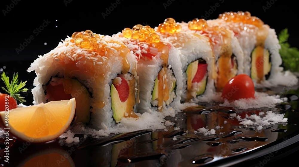 Poster a close up of a sushi on a plate with garnishes and a slice of lemon on a plate with a garnish on th
