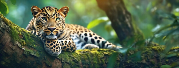 A relaxed leopard lounges on a tree branch in a lush green forest. This striking image captures the majestic feline in its natural habitat, exuding a sense of calm and power