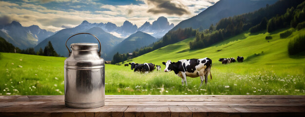 A milk can sits on a wooden deck overlooking a pastoral scene with grazing cows. The image brings to life rural charm, with mountains in the distance and a clear sky overhead - obrazy, fototapety, plakaty