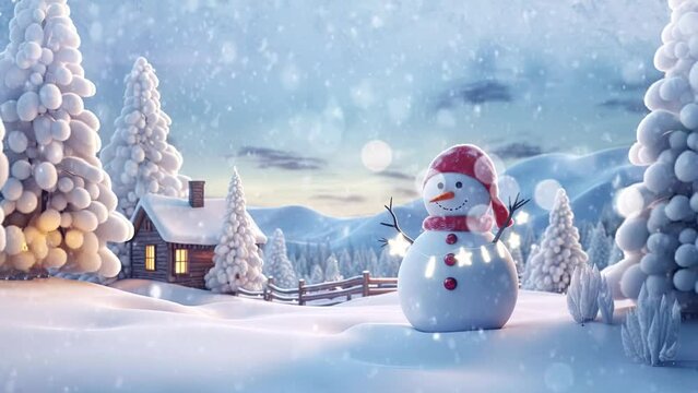 Animated Christmas concept decorations with a snowman with tree in white snow surrounded by snowfall. Cartoon style. seamless looping time lapse video 4k animation background.