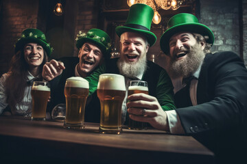 Group of middle-aged man people in hat cylinder drinking beer in pub. Enjoying St. Patrick day. Adults celebrating Saint Patrick's day inside in bar wear green clothes , laughing festive atmosphere - obrazy, fototapety, plakaty