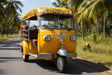 Bright yellow Tuk-tuk taxi on the streets of Thailand