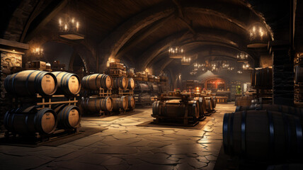 Restaurant or bar with wooden barrels, vintage casks in old wine cellar. Perspective inside dark storage of winery. Concept of vineyard, viticulture, production, interior, background