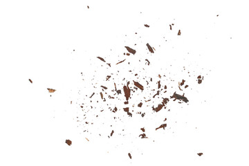 Rotten, old wood pieces and dust, scattered crushed tree bark isolated on white - obrazy, fototapety, plakaty