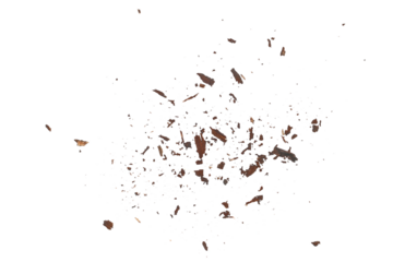 Rotten, old wood pieces and dust, scattered crushed tree bark isolated on white