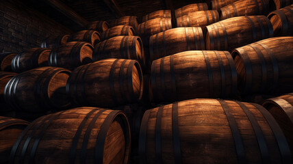 Vintage wooden barrels stored in old wine cellar. Many brown oak casks inside dark storage of winery. Concept of vineyard, viticulture, production, wood texture background, whiskey - obrazy, fototapety, plakaty