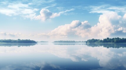 Fototapeta premium a body of water with a bunch of clouds in the sky and trees on the other side of the water and a few trees on the other side of the water.