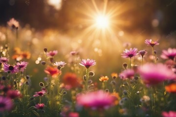 Fototapeta premium Colorful flower meadow with sunbeams and bokeh lights in summer - nature background banner with copy space