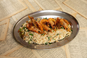 Delicious shrimp açorda served in a restaurant, a traditional Portuguese dish with savory flavors.