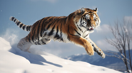 Fototapeta premium jumping tiger on the snow. The Siberian tiger (Panthera tigris tigris). generative ai
