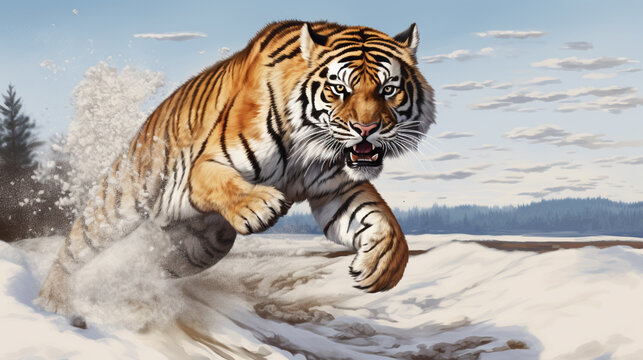 jumping tiger on the snow. The Siberian tiger (Panthera tigris tigris). generative ai