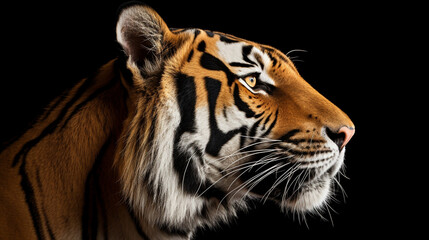 Obraz premium Profile portrait of Bengal tiger, Panthera tigris tigris, isolated on black background generative ai