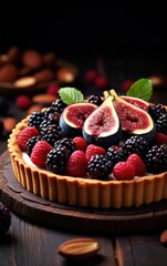 Delicious tart with berries and figs on a dark table