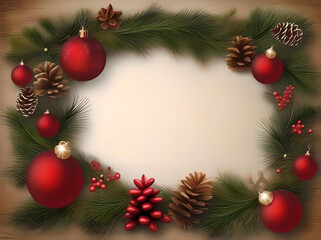 christmas greeting card frame with fir branches and cones