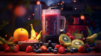 Fototapeta na wymiar Blender with Fruit Smoothie Surrounded by Fresh Fruits