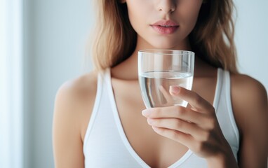 Closeup cropped portrait of a young woman preparing to drink a glass of water