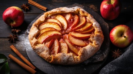 Rustic apple galette with cinnamon on the dark table, top view angle - obrazy, fototapety, plakaty
