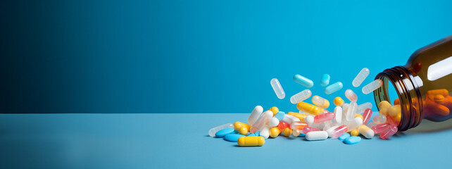 Floating Multicolored Capsules on Blue Background