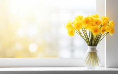 Bouquet of yellow narcissus flowers in a vase on the white windowsill