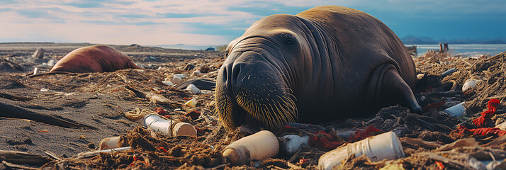 Walrus Standing on Trash Covered Beach