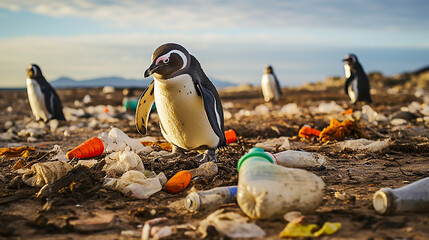 Penguins Standing on a Beach Covered in Trash - obrazy, fototapety, plakaty