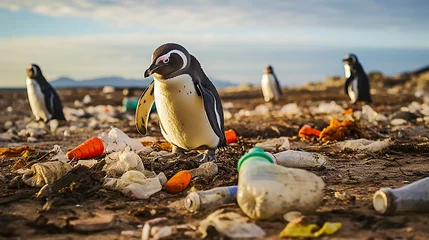 Zelfklevend Fotobehang Penguins Standing on a Beach Covered in Trash © Doraway