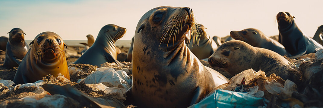 Sea lions standing on a beach covered in trash