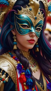 Close-up of a woman in a festive mask and colorful attire, exuding elegance and mystery.
