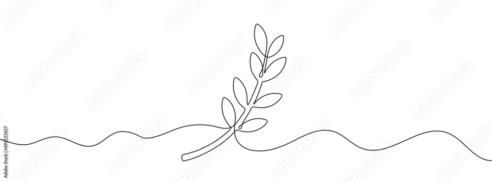Poster continuous editable line drawing of branch with leaves. single line branch with leaves