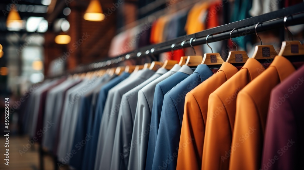 Poster a rack of men's shirts hanging on a rail in front of a row of other men's shirts hanging on a rail i