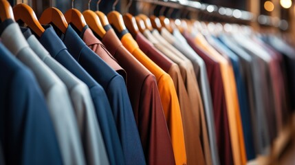 Obraz premium a rack of men's shirts hanging on a rail in front of a wall of other men's shirts hanging on a rail in front of a store.