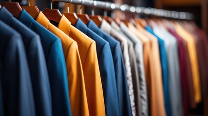  a row of shirts hanging on a rail next to a row of other shirts hanging on a rail next to a row of other shirts hanging on a rack in a closet.