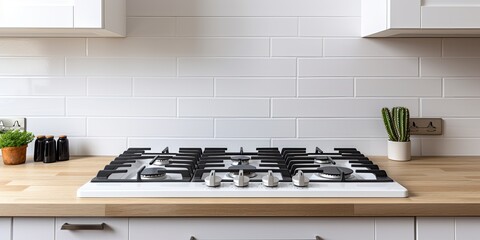New gas hob cooker on kitchen counter in renovated house for sale or rent in UK.
