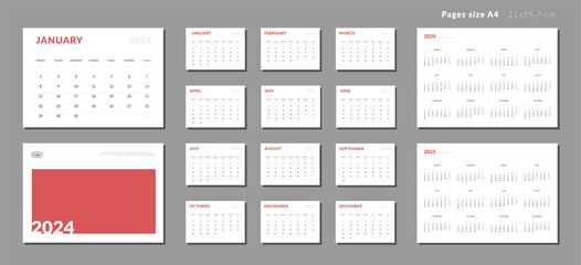 Set of Monthly page Calendar Planner Template 2024, cover with Place for Photo and Company Logo and annual calendar of 2025. Isolated Vector layout of a wall or desk calendar with week start Monday