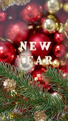 Christmas flatley with New Year lettering on blurred red gold background baubles decoration. Close-up, shiny composition. Postcard . Vertical