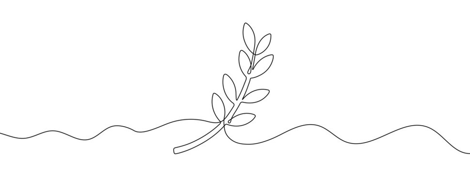 Continuous editable line drawing of branch with leaves. Single line branch with leaves