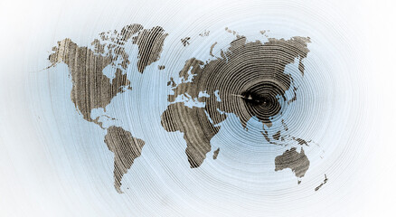 World map global impact with textured background showing china in the center of pollution