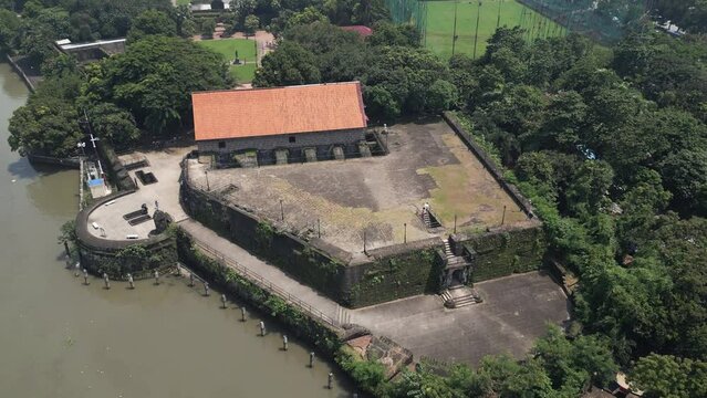 Aerial video of the Baluarte de Santa Barbara, a stone bastion,  part of the Santiago Fort located next to the Pasig river in Manila, Philippines. 