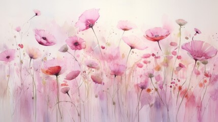  a painting of pink flowers with watercolors on the bottom and bottom of the painting and the bottom of the painting is white and the bottom half of the painting is pink.