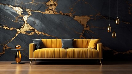 Beautiful entirior background for presentation gold and black marble wall and wooden floor