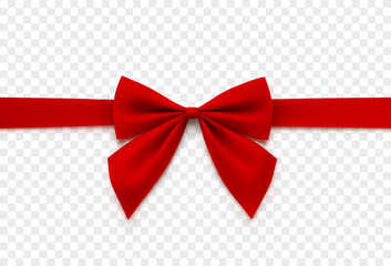 Bow isolated on transparent background. Vector Christmas red satin ribbon with shadow. 3d realistic present decor or xmas gift wrap element template