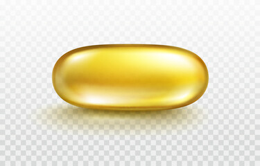 Vitamin E, D or omega 3 fish oil capsule isolated on transparent background. Golden antibiotic gel pill icon. Vector gold realistic serum oval sphere of collagen essence