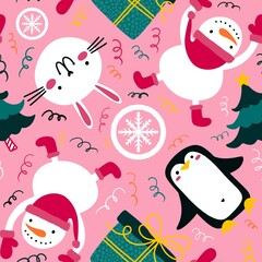 Cartoon winter ice seamless snowman and snowflakes pattern for Christmas packaging and new year