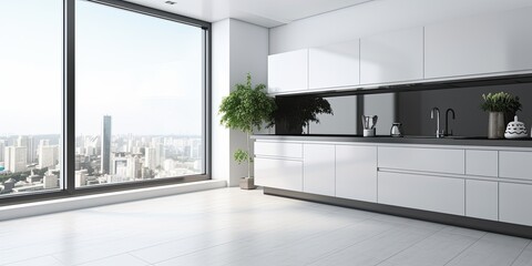 White and black modern kitchen with a big corner window and vinyl floor panels.