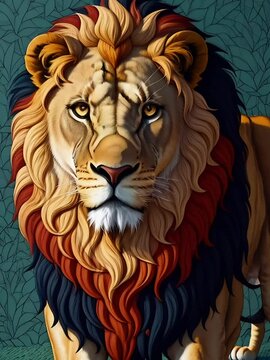 Majestic lion digital art with a vibrant mane, symbolizing strength and wildlife beauty.