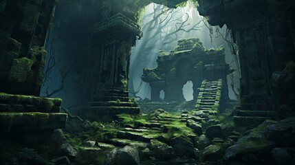 An ancient, moss-covered ruins hidden deep within a mystical forest