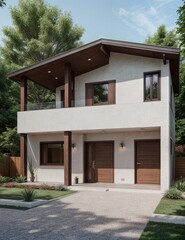 Fototapeta na wymiar A Contemporary Dwelling with Stylish Architecture, Beautiful Exterior Design, and a Serene Garden Setting. Perfect Family Home in a Residential Neighborhood, Featuring Thoughtful Construction