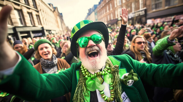 The image features a joyous man dressed in vibrant green attire, celebrating Saint Patrick's Day