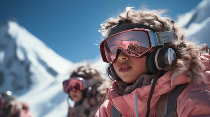 Little girl in neon pink ski suit and ski googles skiing on a mountain  - obrazy, fototapety, plakaty