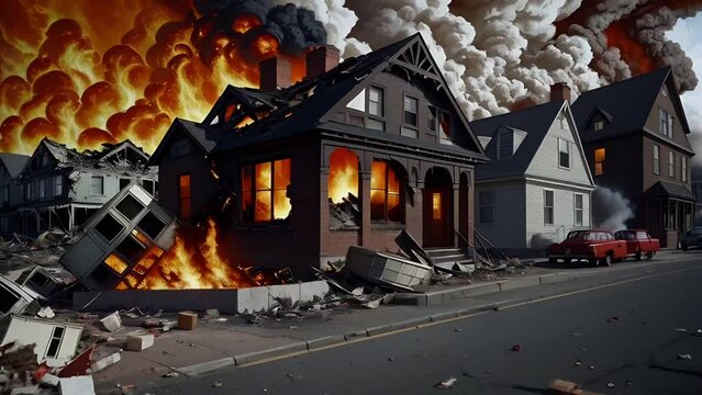 A devastating urban scene with houses ablaze and the ominous cloud of a raging fire overhead, capturing the intensity and destruction of a catastrophic event.